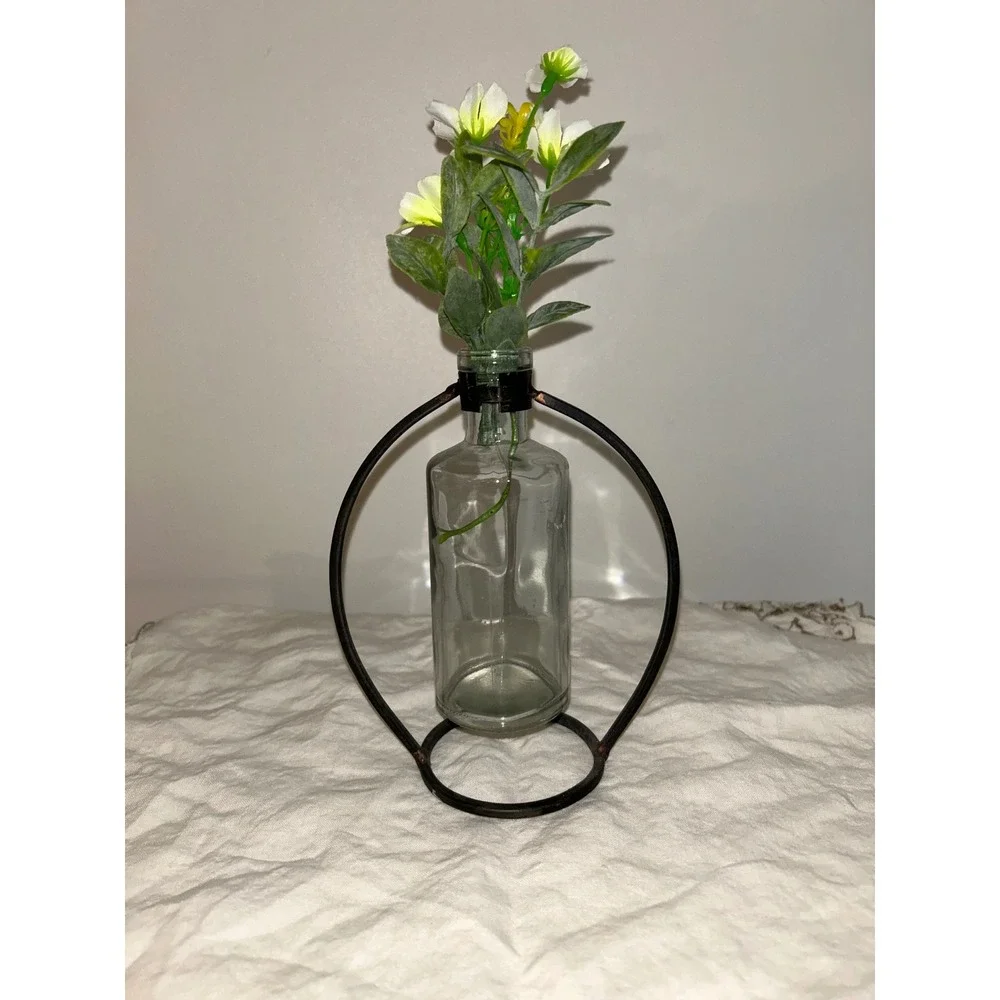 Modern Industrial Glass Bud Vase with Circular Black Metal Frame Stand 6.5 Inch